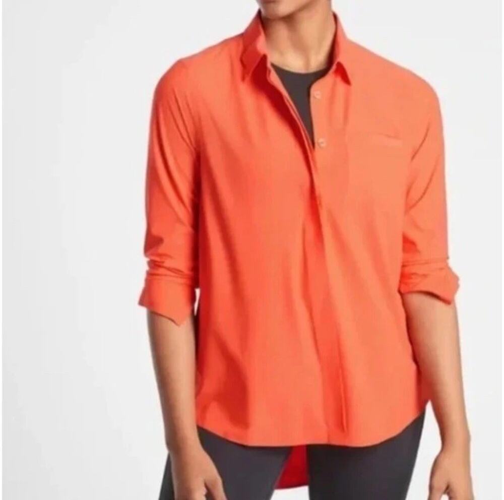 Athleta Urbanite Size XS Orange High Low Button Down Shirt Slit Sleeve Tunic